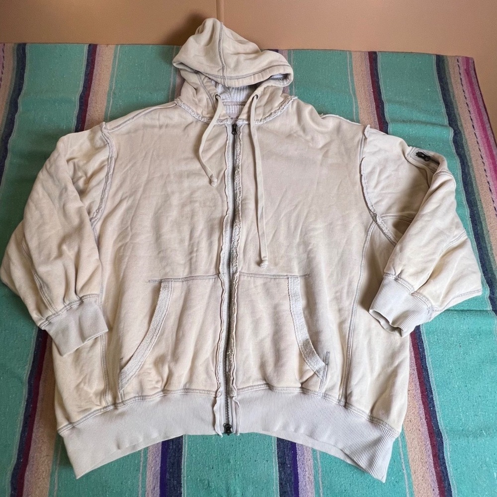 We The Free Zip Up Hoodie Womens L Cream Oversized Exposed Seam Distressed Boho